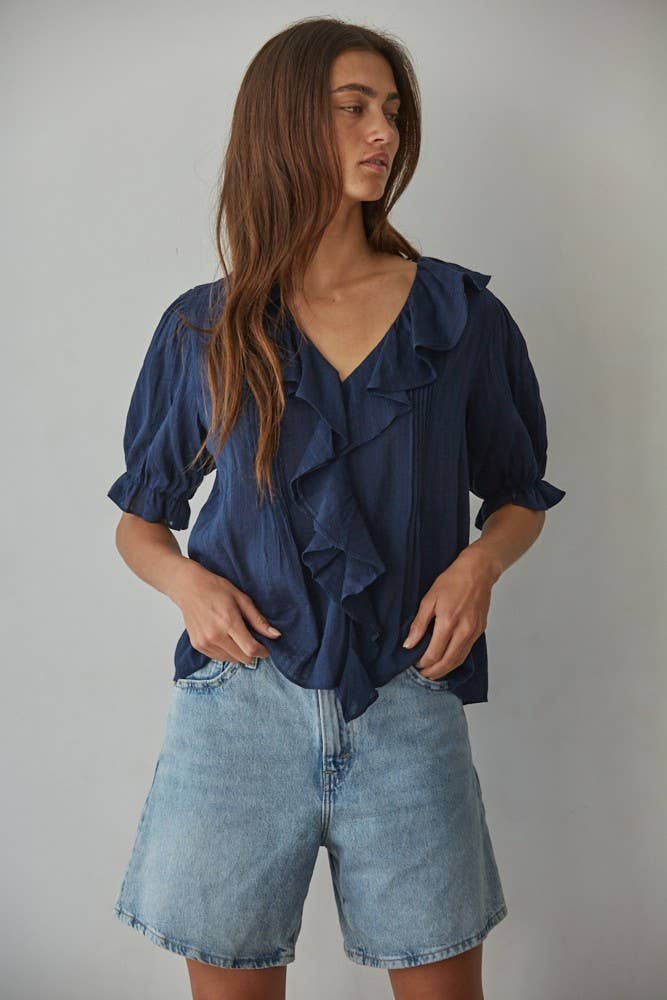 Woven Cotton Buttondown V-Neck Short Sleeve Top