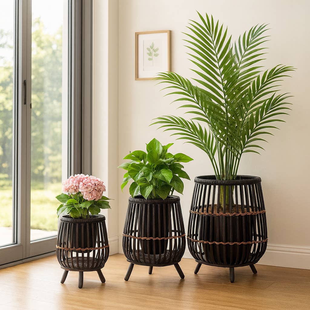 Planters - Black Bamboo Wood Footed, 10/14/17 in.