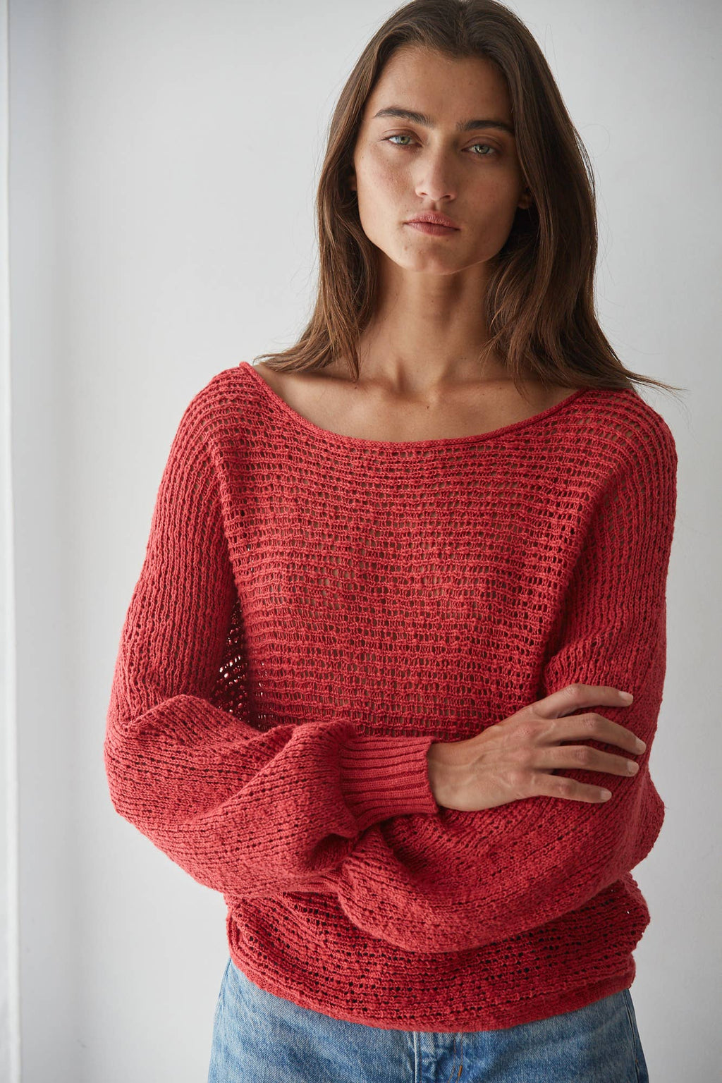 Sweater Knit Crochet Round Neck Long Sleeve Top