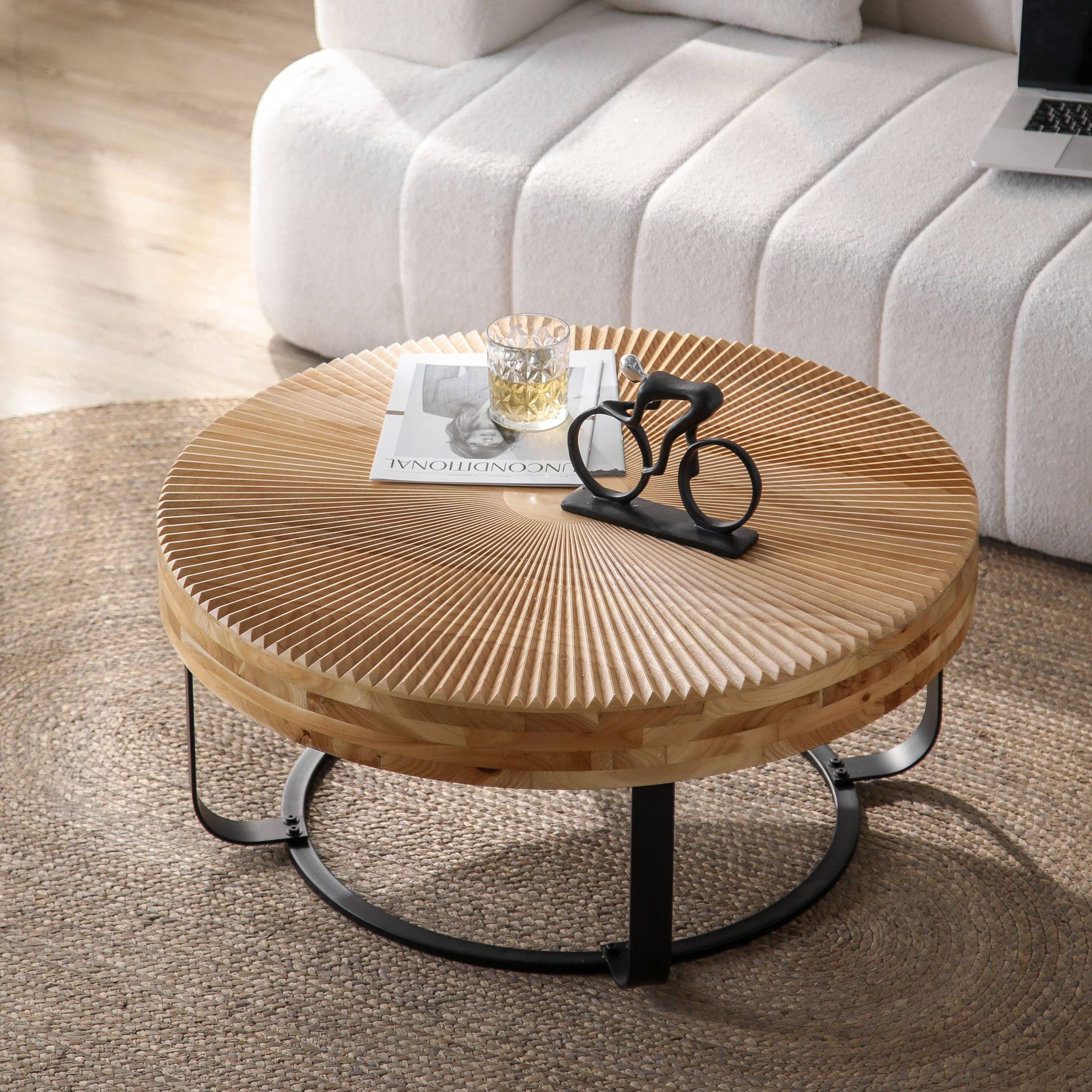 Round Wood Coffee Table with Carved Top and Metal Legs