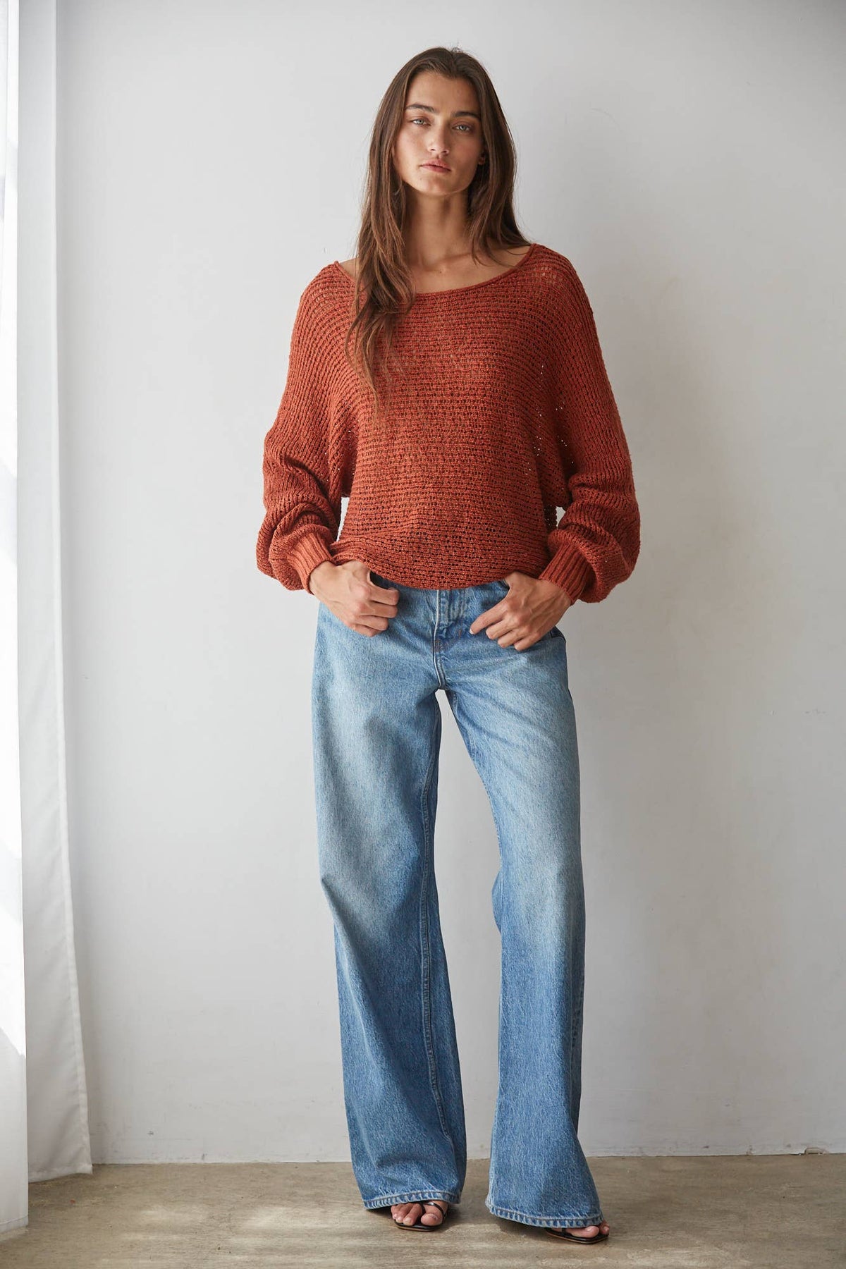 Sweater Knit Crochet Round Neck Long Sleeve Top