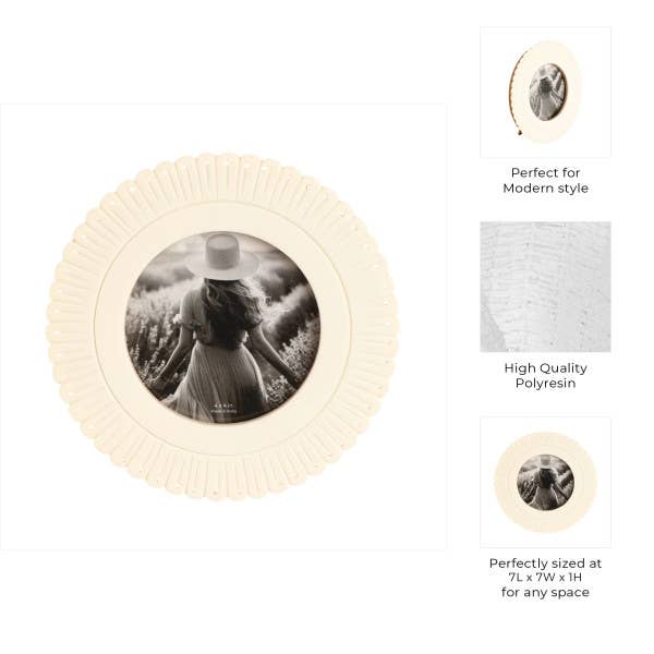 Photo Frame - Ivory Resin Round Solid Etched Petal, 4x4 in.