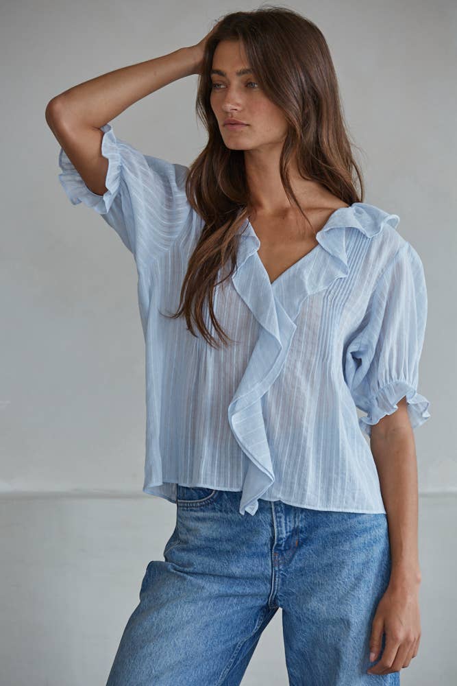 Woven Cotton Buttondown V-Neck Short Sleeve Top