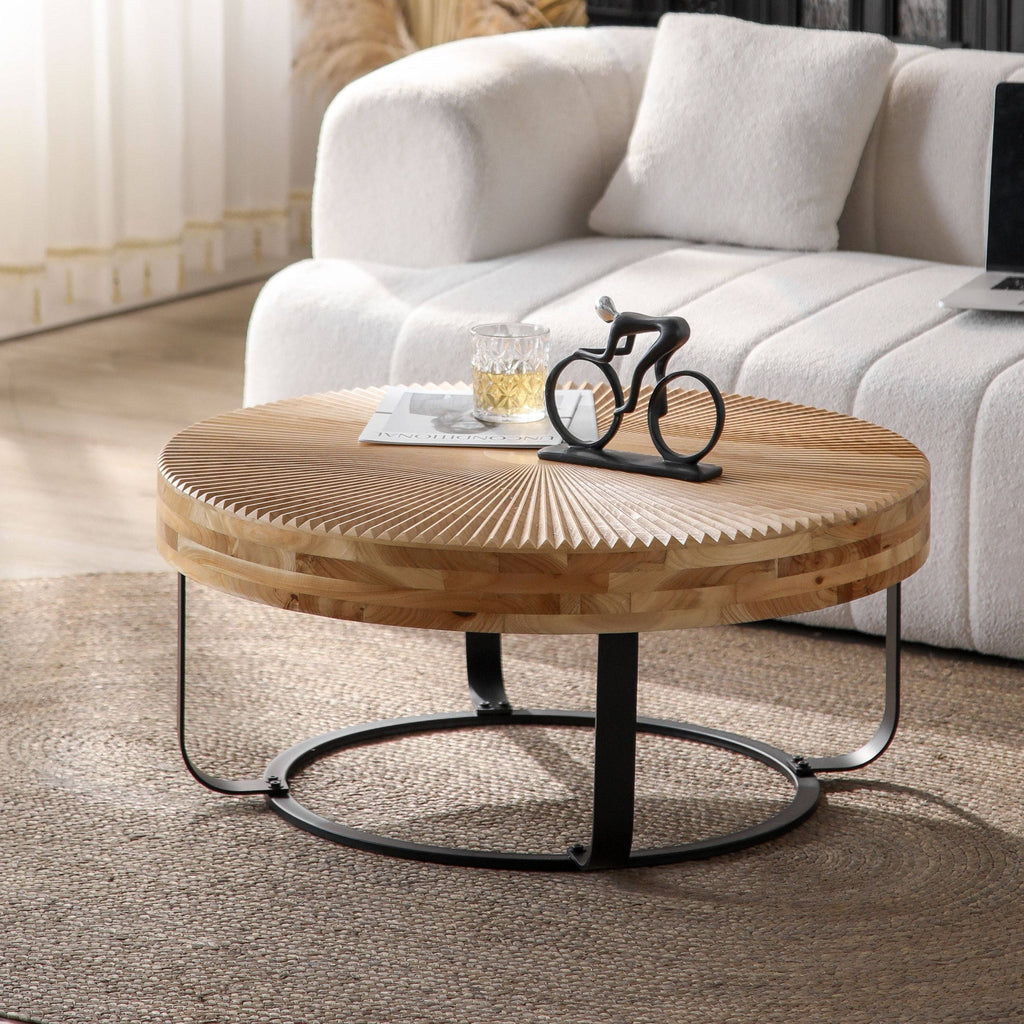 Round Wood Coffee Table with Carved Top and Metal Legs