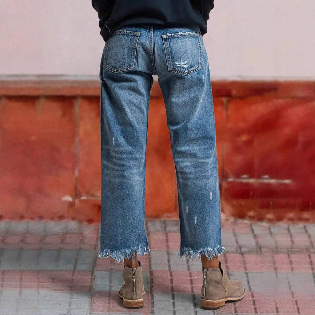 Women's Loose Fit Straight Leg Distressed Cropped Jeans