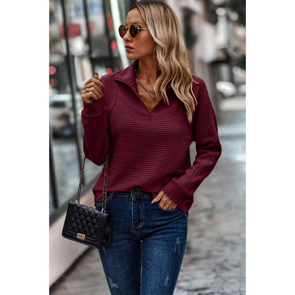 Zipper Neck Textured Striped Long Sleeves Sweatshirt