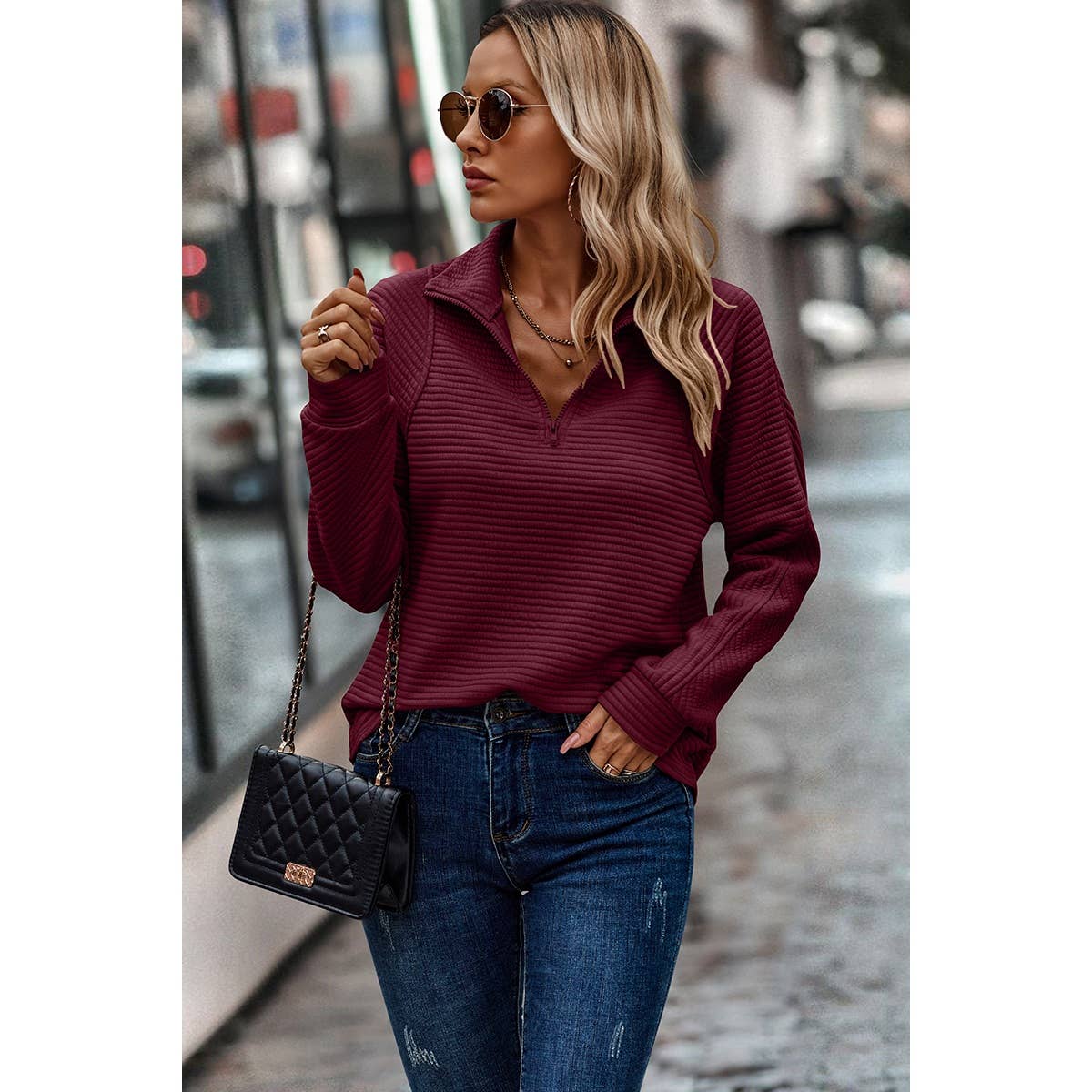 Zipper Neck Textured Striped Long Sleeves Sweatshirt