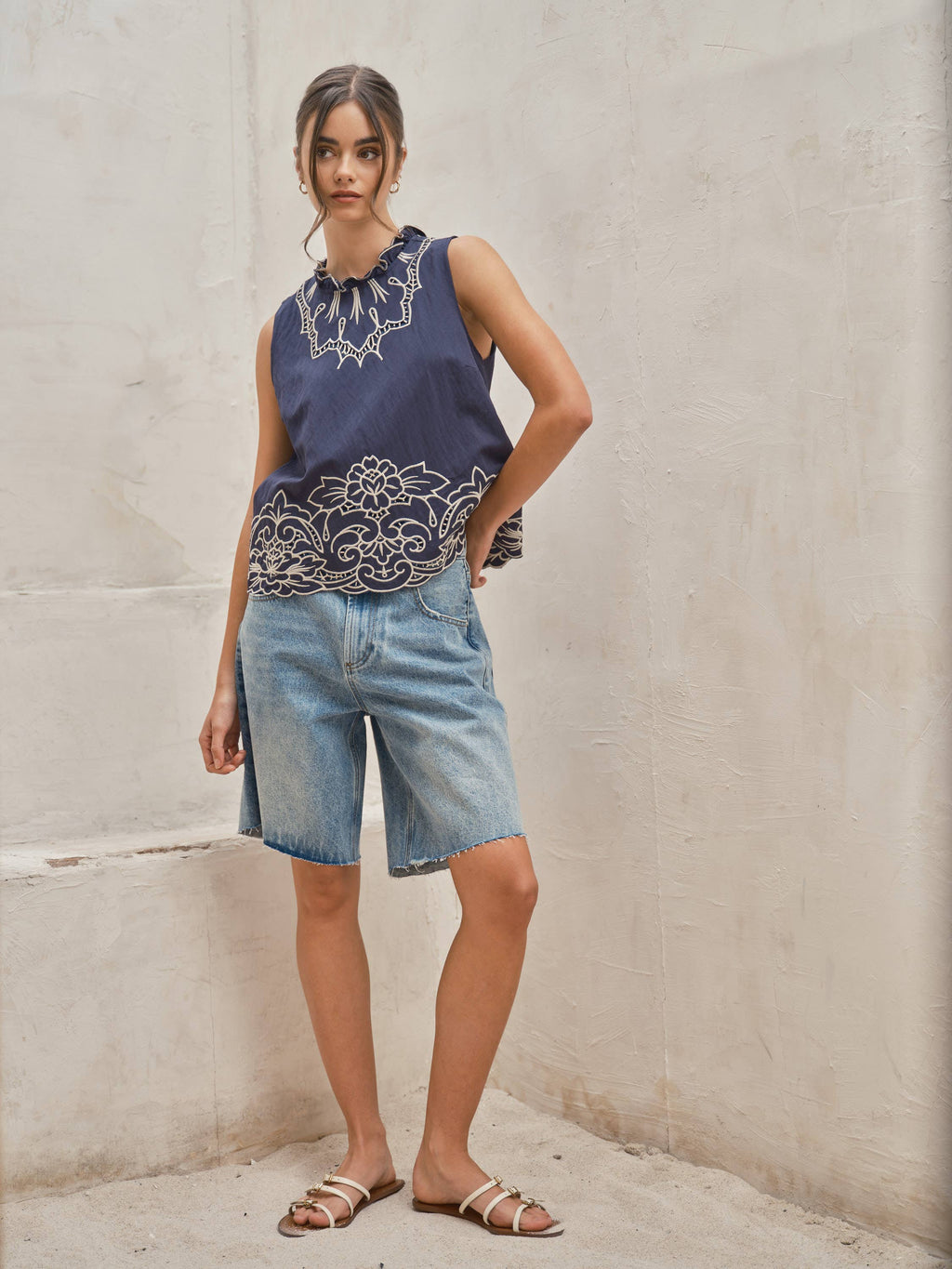 WIDE LEG RETRO BERMUDA DENIM SHORTS
