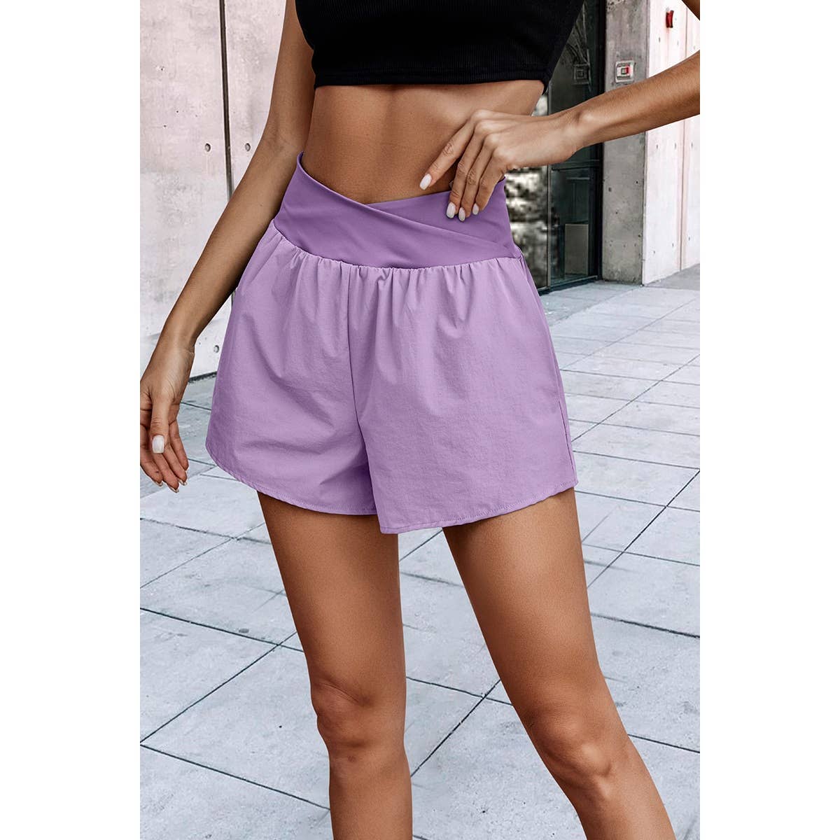 Solid High Waist Band Pockets Active Shorts