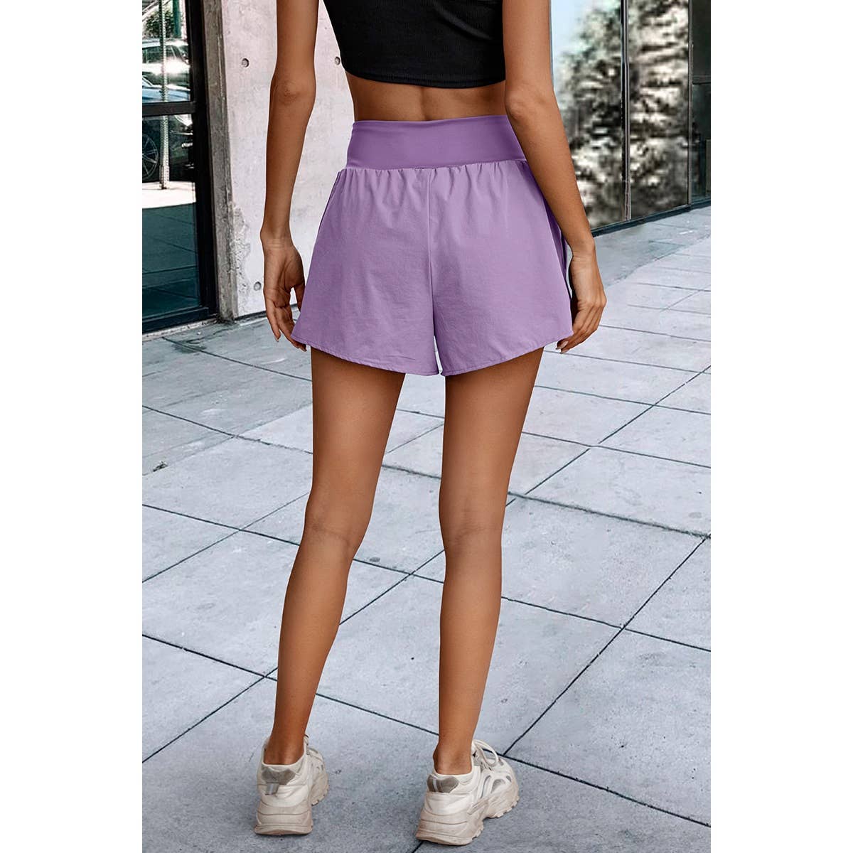 Solid High Waist Band Pockets Active Shorts