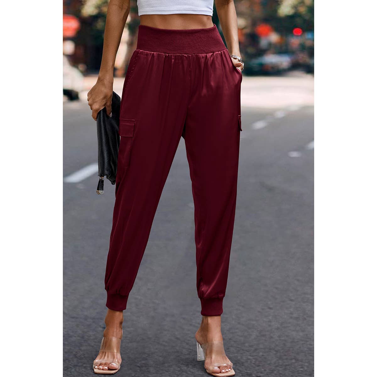 High Waist Long Pant Trousers With Pocket Satin Jogger Pants